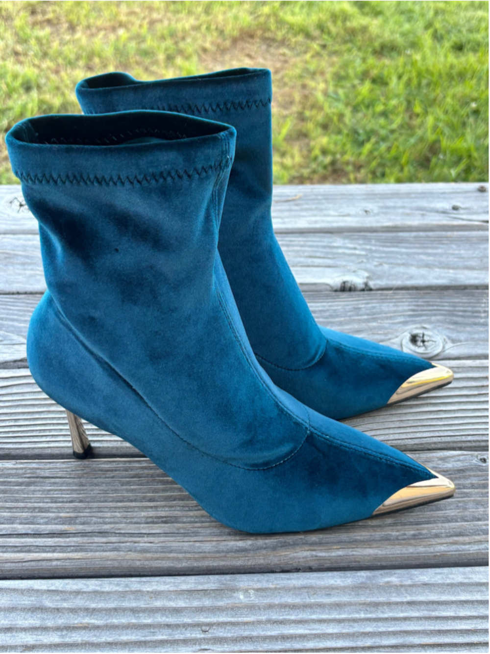 Women's Teal Velvet Ankle Boots with Gold Toe Cap